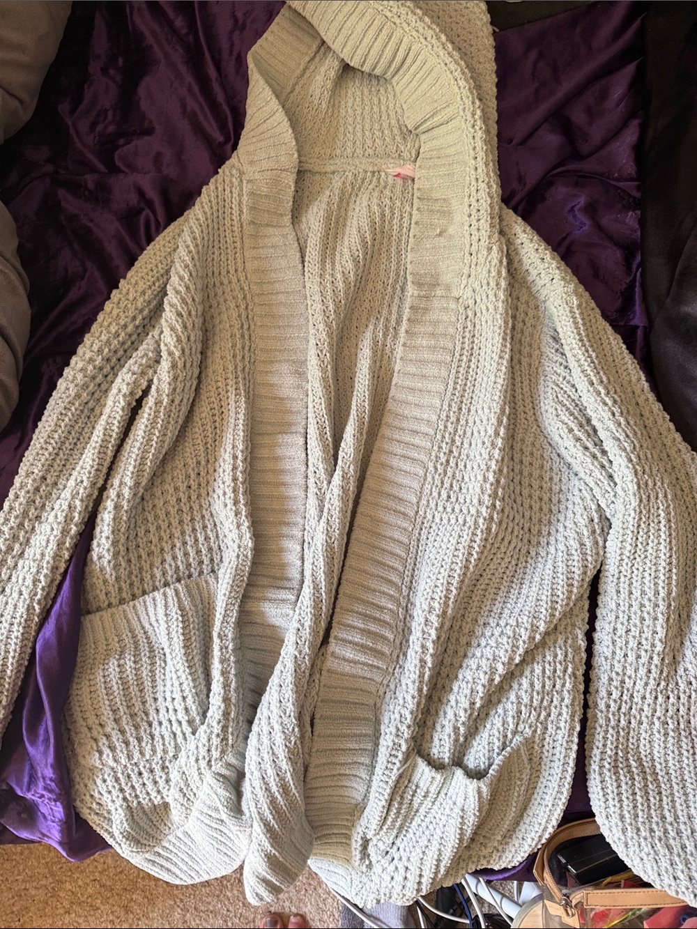 No Boundaries Cream Hooded Open-Front Knit Cardigan(has been around cigarettes)